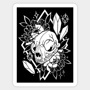 Cat skull, crystals, and peonies in white Sticker